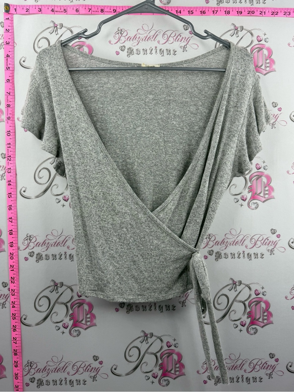 Caution To The Wind Gray T-shirt top tie ribbon Wrap Tie Short-Sleeve Top